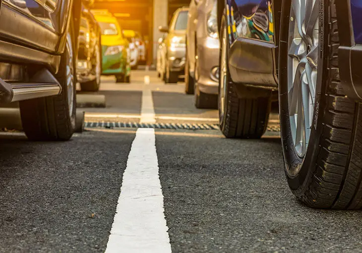 Parking bay line striping on a commercial lot