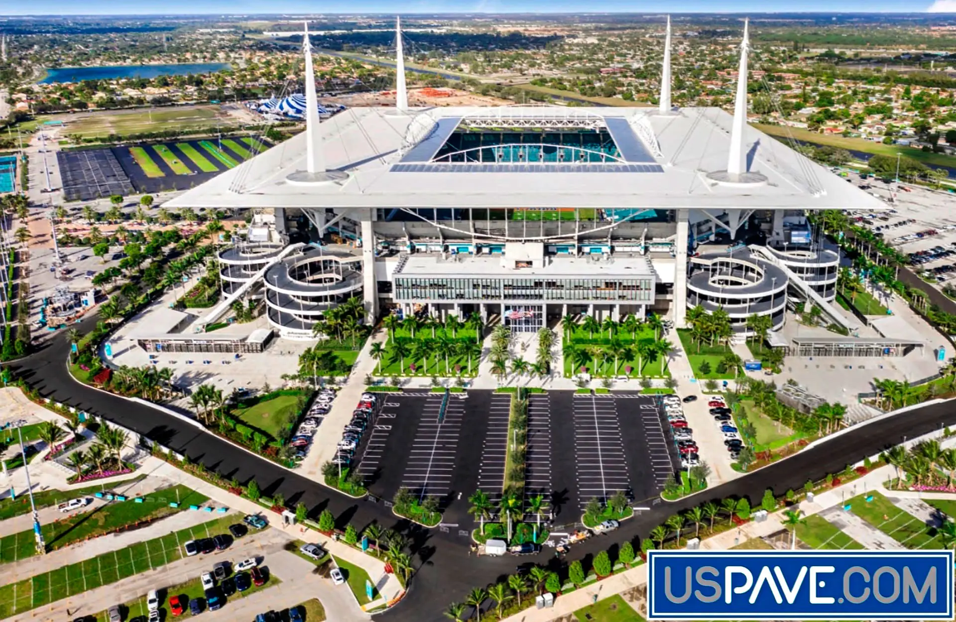 Aerial view of Hard Rock Stadium and its surrounding parking